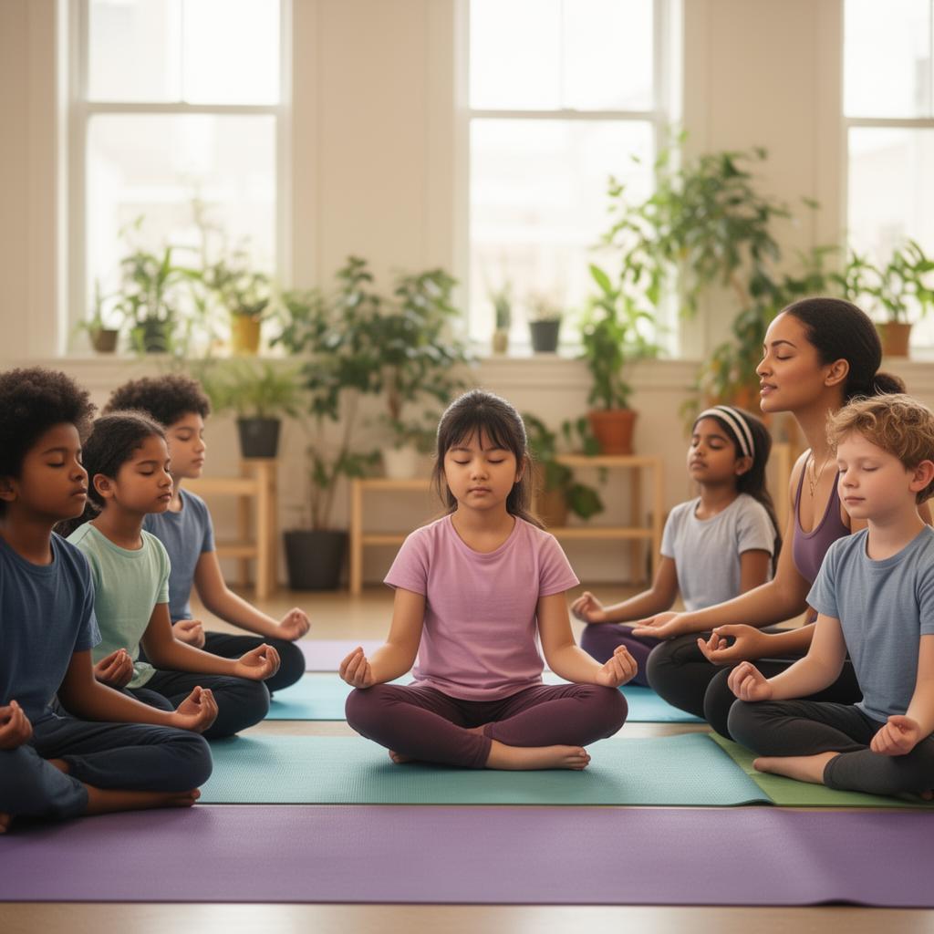 Children sitting cross-legged on yoga mats during a mindfulness session led by an instructor