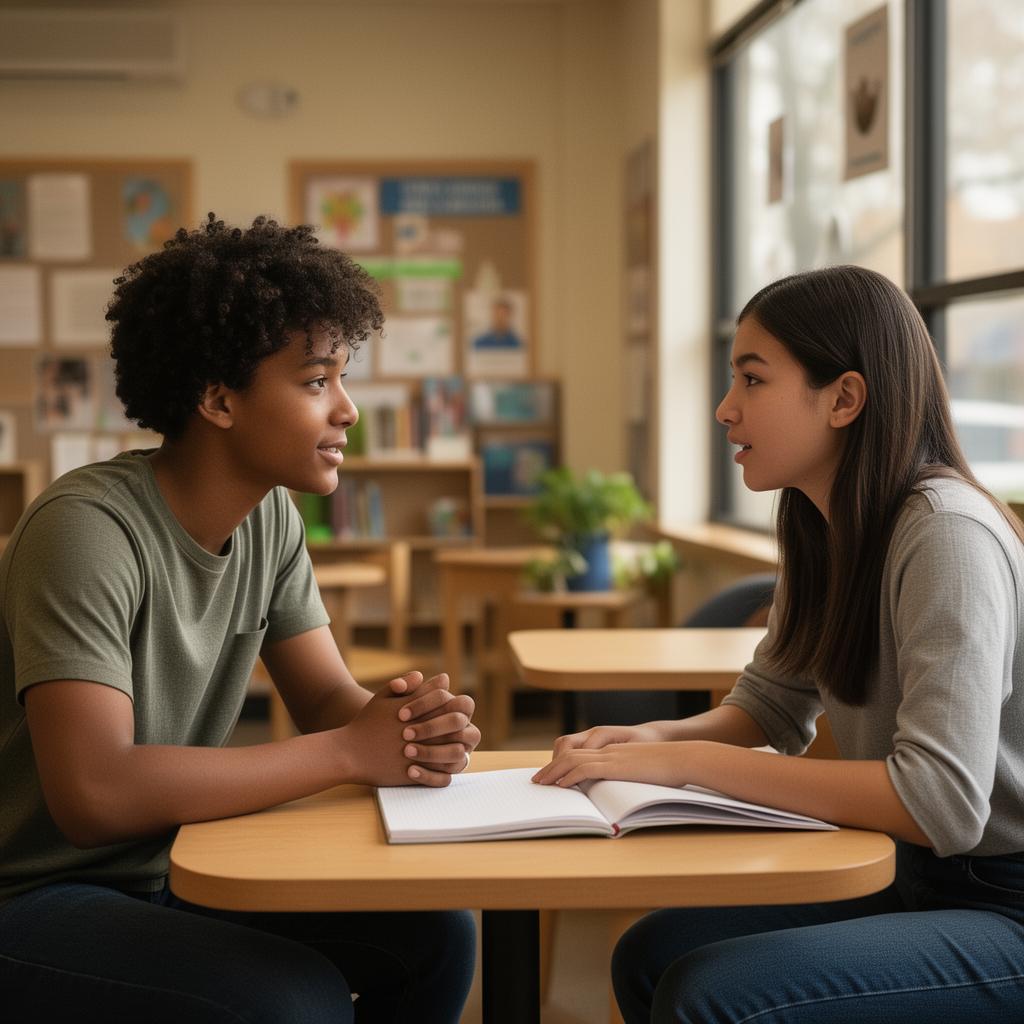 A mentor sitting one-on-one with a teen, listening attentively at a community center table